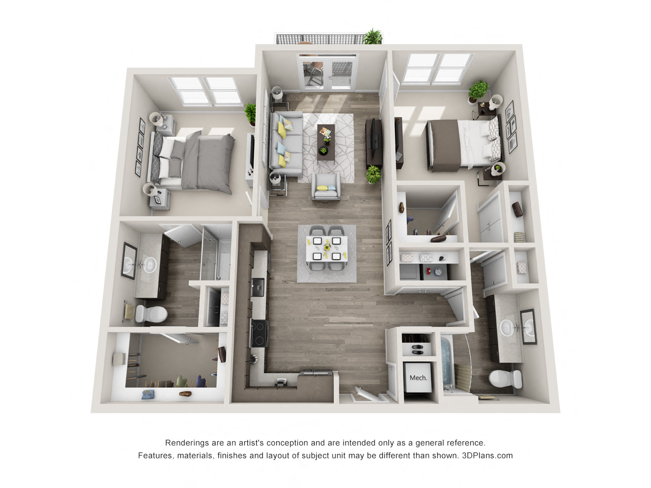 Floor plan for 2 beds, 2 baths, 1157 sqft